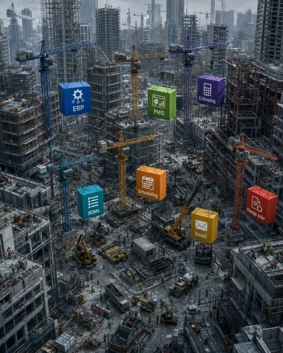 Isometric illustration of a construction site with cranes lifting separate labeled boxes for ERP, PMIS, Estimating, BOMs, Scheduling, Email, and Change Order — each system disconnected from the others
