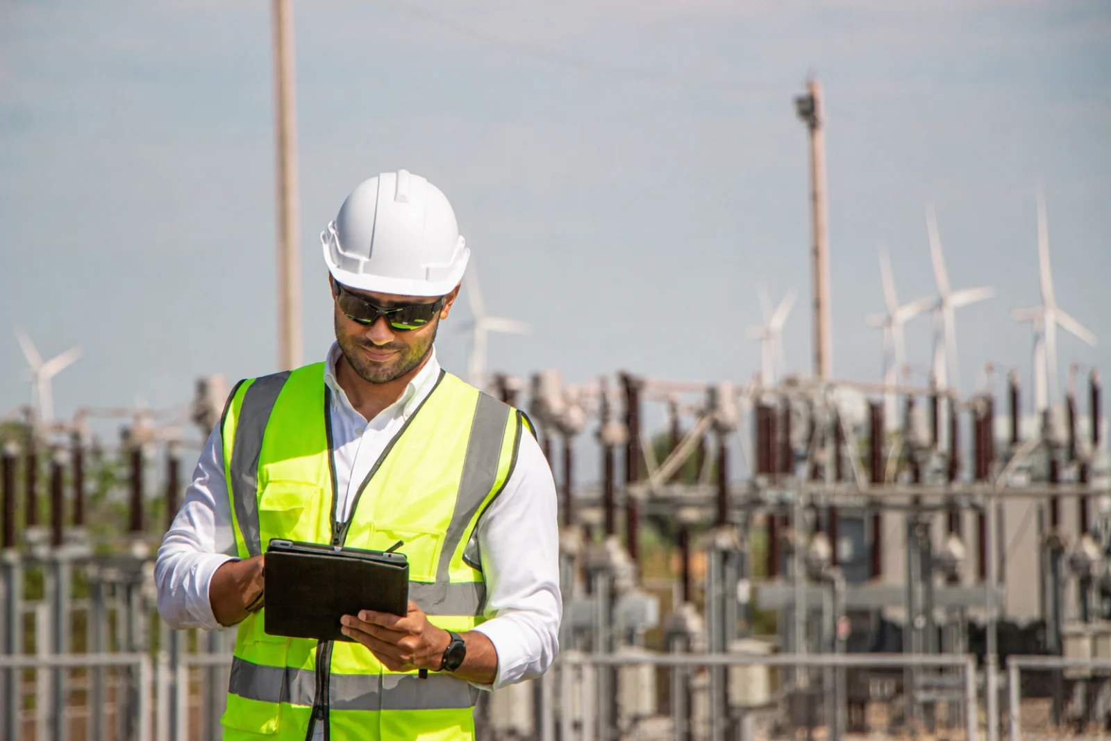 Construction site worker reviewing plans on a tablet on site