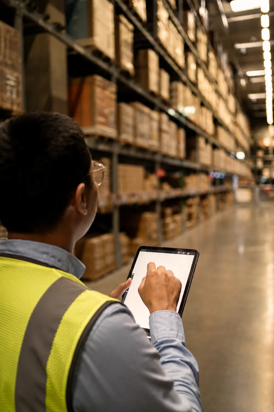 Logistics coordinator reviewing a tablet in a warehouse aisle