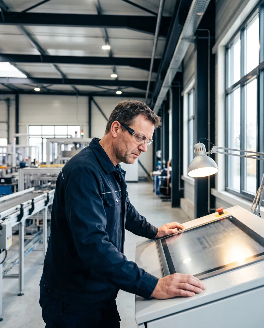 Manufacturing technician reviewing production data on a plant-floor control panel